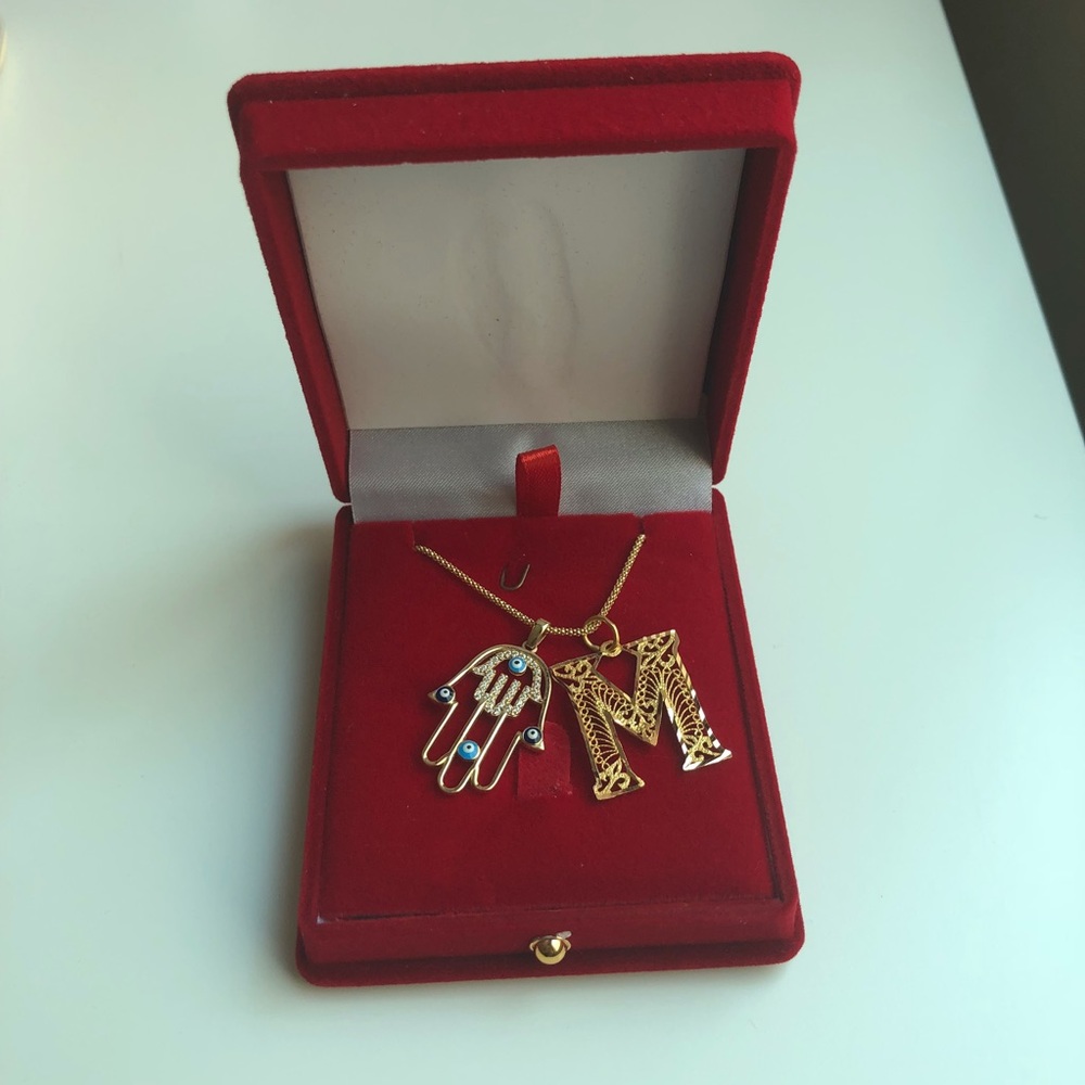 M Letter + Hamsa (evil eye) Gold Necklace